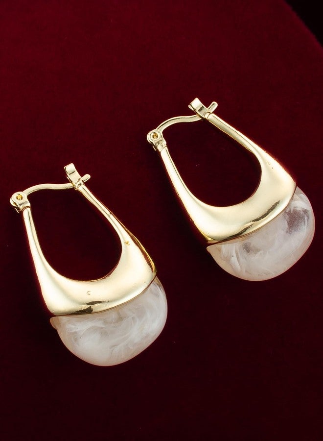 Bevogue Modern Oval Hoop Earrings | Stylish Gold Plated Brass Drop Earrings with White Stone Accents (ER4135) - Image 3