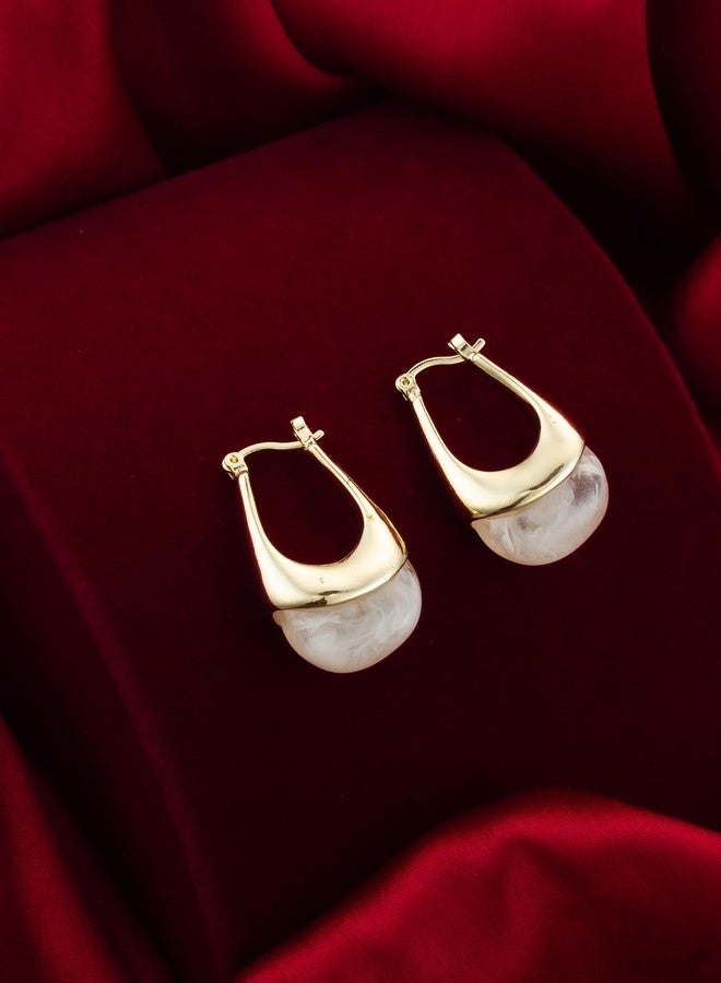 Bevogue Modern Oval Hoop Earrings | Stylish Gold Plated Brass Drop Earrings with White Stone Accents (ER4135) - Image 2
