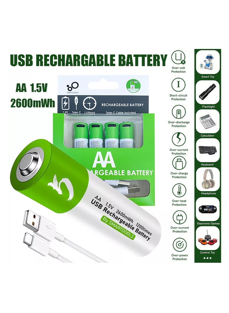 AA 1.5V Rechargeable Batteries 2600mWh with USB-C Charging Cable – Fast Charging & Overcharge Protection (Pack of 4) - Image 2