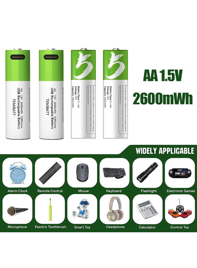 AA Rechargeable Batteries 1.5V with 750mWh Capacity – Lithium-Ion Batteries with USB-C Charging Cable, Fast and High-Capacity Charging – Safe and Reliable with Overcharge Protection – Continuous Output up to 1200 Cycles – Pack of 4 Multi-Purpose Batteries for Electronics, Games, Lamps, Remote Controls, Home Equipment, and Cameras – Long-Lasting, Stable, and Powerful Energy for Every Use – Reusable Batteries to Reduce Waste and Protect the Environment – Easy to Charge, Eco-Friendly, and Safe for All Household and Electronic Devices - Image 2