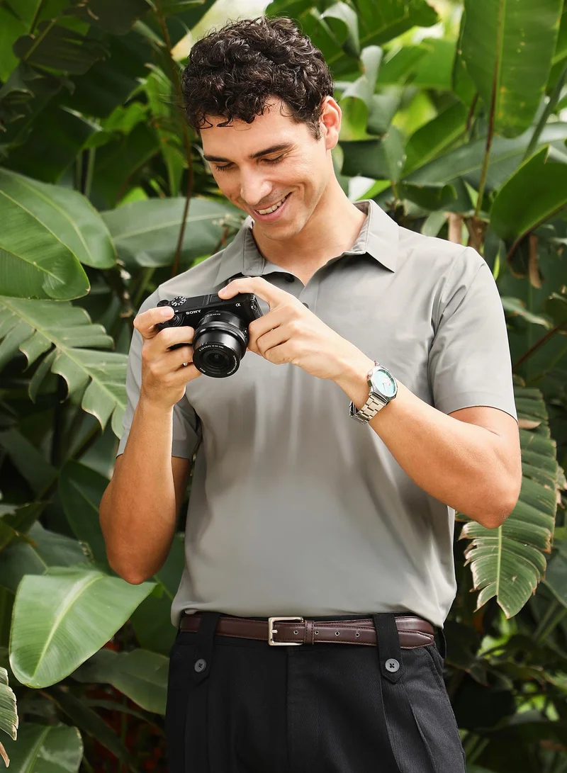 Campus Sutra Men Seamless Solid Polo T-Shirt | Point Collar, Short Regular Sleeves | Half-Button , Straight Hem | Solid Knitted Fabric For Casual & Daily Wear | Moon Grey