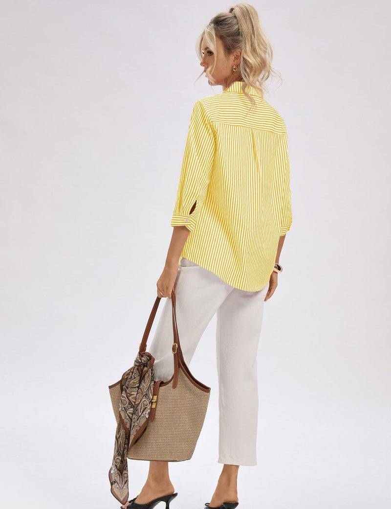 LOMON Collared Shirts for Women Business Casual V Neck Tops 3/4 Sleeve Loose Fit Dress Shirt 2026 Spring Summer Trendy Vacation Outfits (Yellow White Stripes,XL) - Image 5
