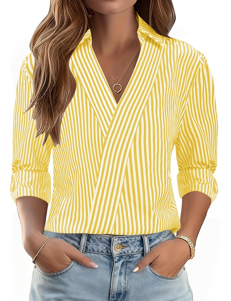 LOMON Collared Shirts for Women Business Casual V Neck Tops 3/4 Sleeve Loose Fit Dress Shirt 2026 Spring Summer Trendy Vacation Outfits (Yellow White Stripes,XL) - Image 1