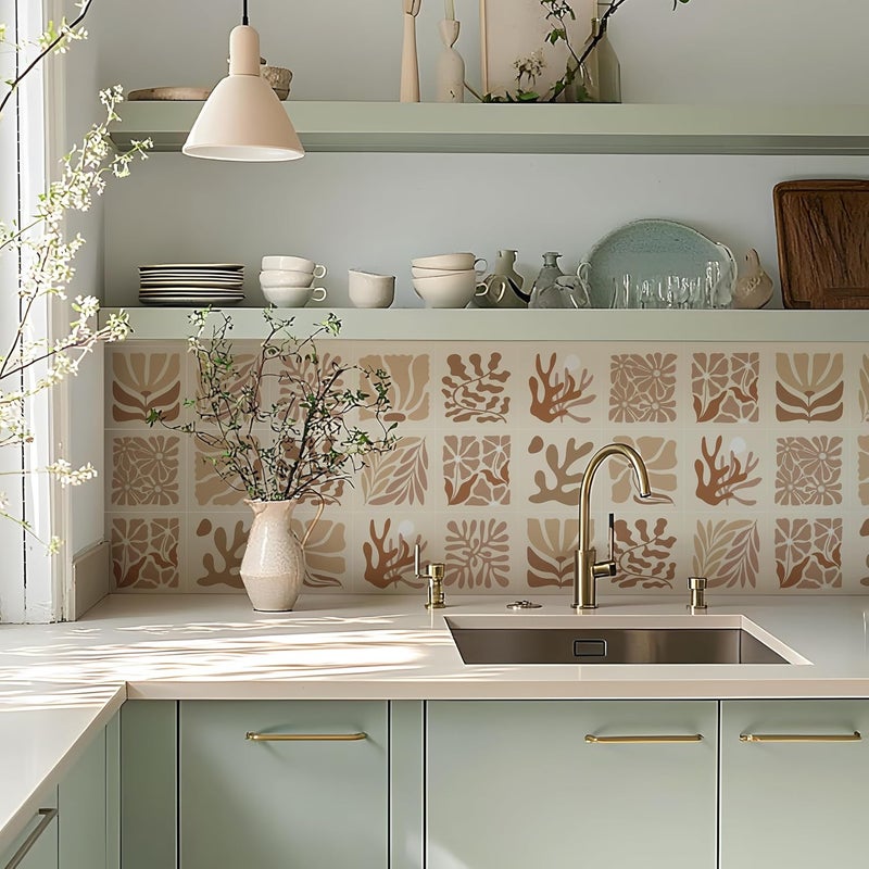 Alwayspon Self-Adhesive Vinyl Wall Tile Stickers, 10Pcs 20cm/8inch Peel and Stick on Tiles Transfer Vinyl Flooring Waterproof Splashback for Kitchen Bathroom, Brown Floral - Image 5