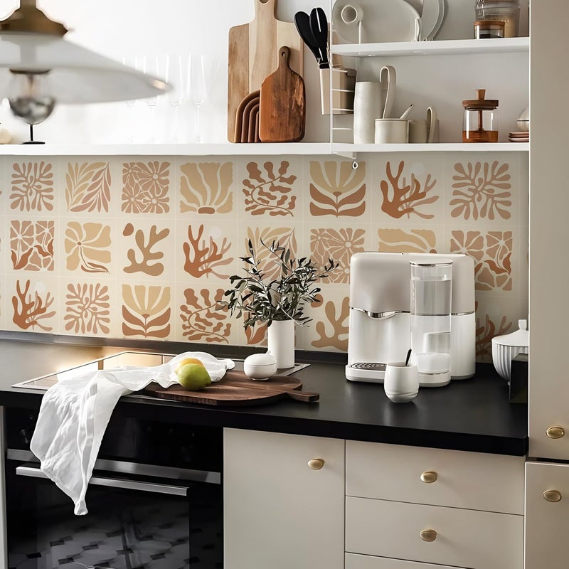 Alwayspon Self-Adhesive Vinyl Wall Tile Stickers, 10Pcs 20cm/8inch Peel and Stick on Tiles Transfer Vinyl Flooring Waterproof Splashback for Kitchen Bathroom, Brown Floral - Image 1