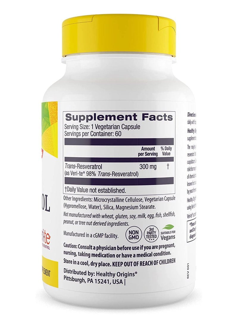 Healthy Origins - Resveratrol Supports Cardiovascular Health and Skin Health ( Veri-te ) Dietary Supplement 300mg - 60 Veggie Caps - Image 1