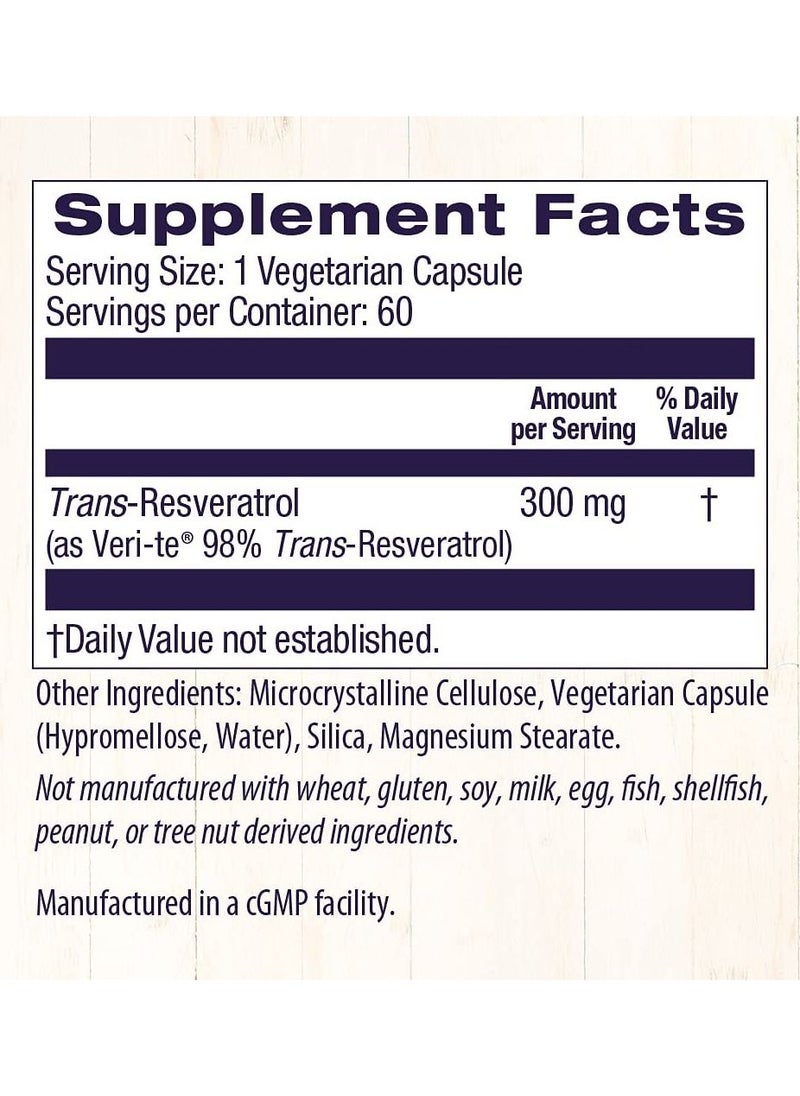 Healthy Origins - Resveratrol Supports Cardiovascular Health and Skin Health ( Veri-te ) Dietary Supplement 300mg - 60 Veggie Caps - Image 1