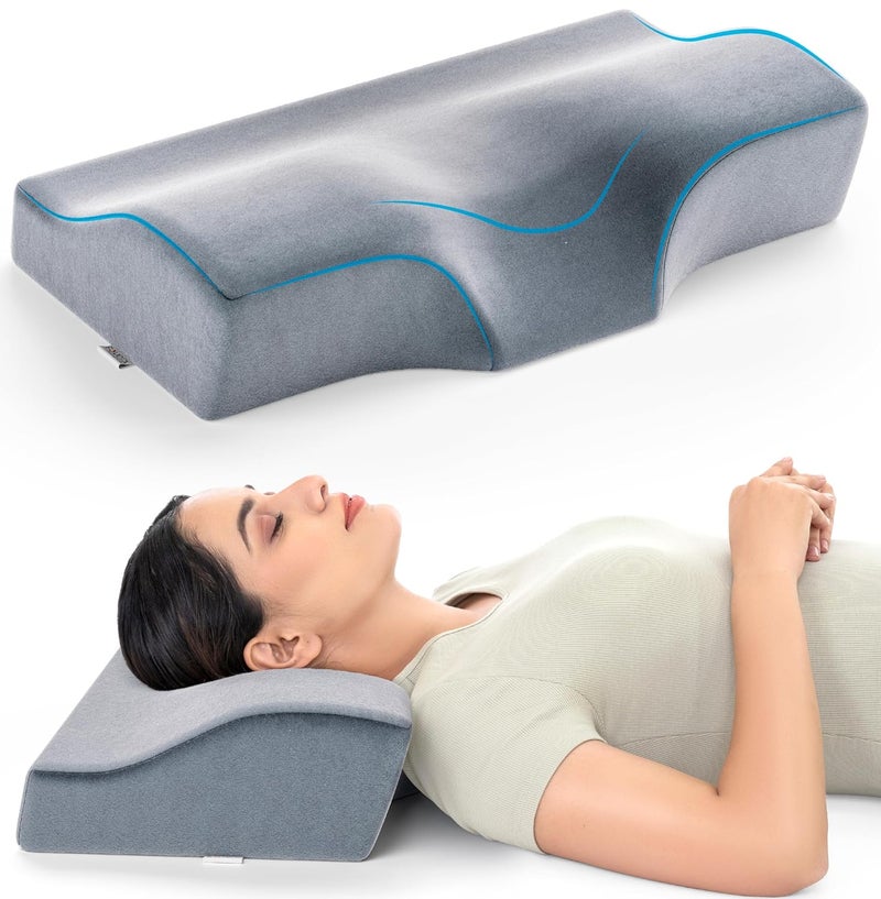 FOverA FOVERA Memory Foam Cervical Pillow | 2 Years Warranty | Orthopedic Contour Neck Support Pillow for Sleeping, for Neck and Shoulder Pain, Dual Height (20 x 12 x 4 Inch, Grey Velvet Cover, Pack of 1) - Image 1
