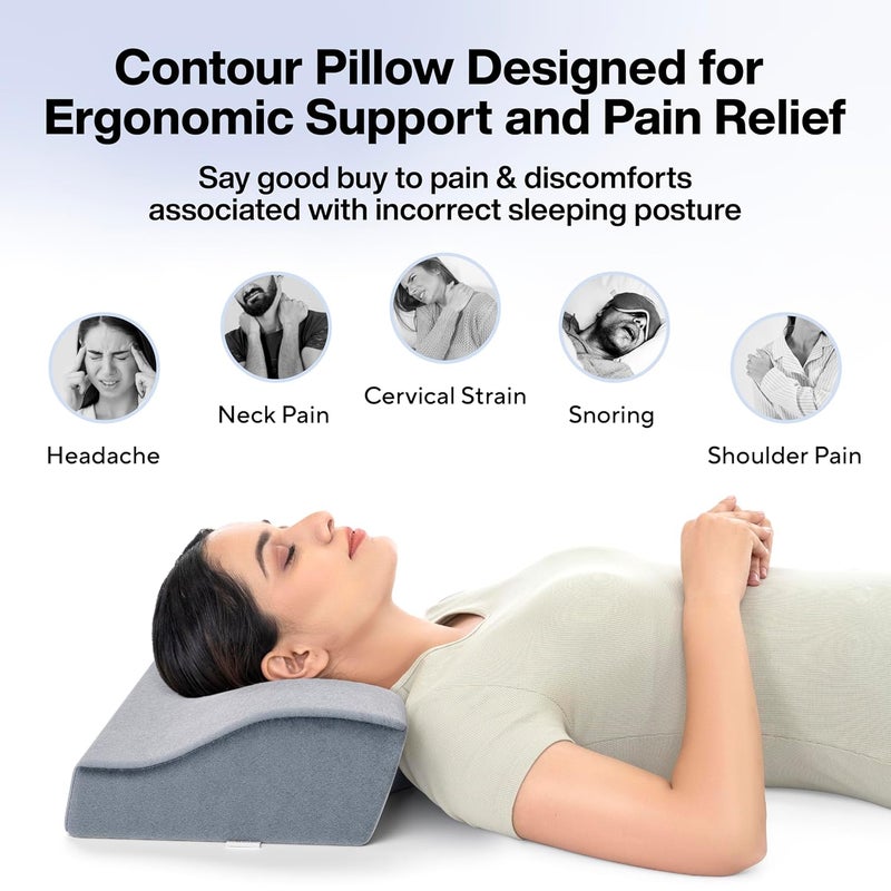 FOverA FOVERA Memory Foam Cervical Pillow | 2 Years Warranty | Orthopedic Contour Neck Support Pillow for Sleeping, for Neck and Shoulder Pain, Dual Height (20 x 12 x 4 Inch, Grey Velvet Cover, Pack of 1) - Image 4