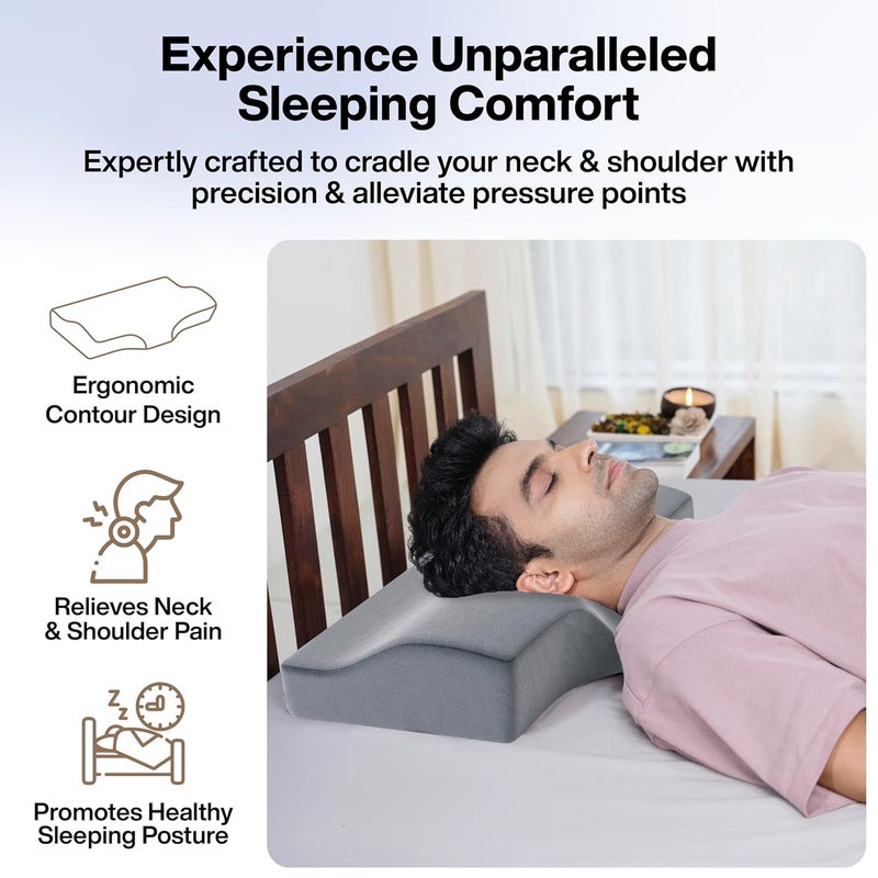 FOverA FOVERA Memory Foam Cervical Pillow | 2 Years Warranty | Orthopedic Contour Neck Support Pillow for Sleeping, for Neck and Shoulder Pain, Dual Height (20 x 12 x 4 Inch, Grey Velvet Cover, Pack of 1) - Image 2