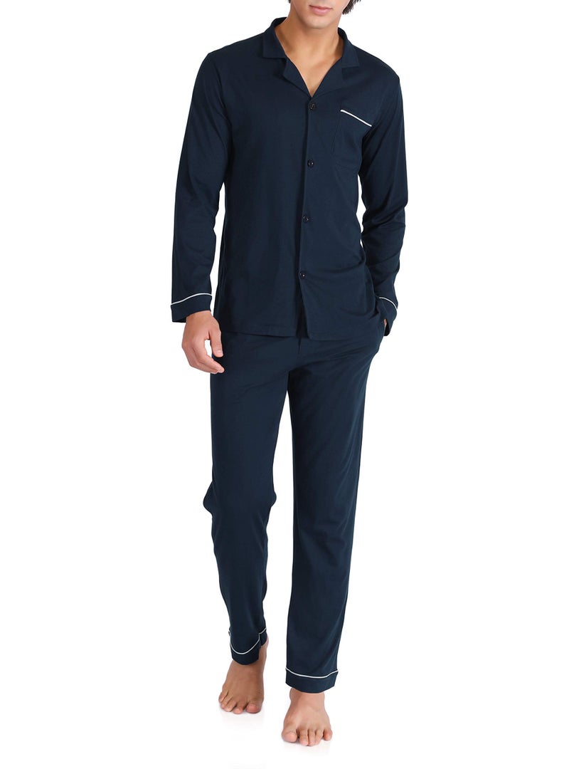 DAVID ARCHY Mens Pajamas Set Soft Cotton Notched Collar Pajamas for Men Long Sleeve Mens Sleepwear with Pockets & Front Fly (XXL, Navy Blue) - Image 1