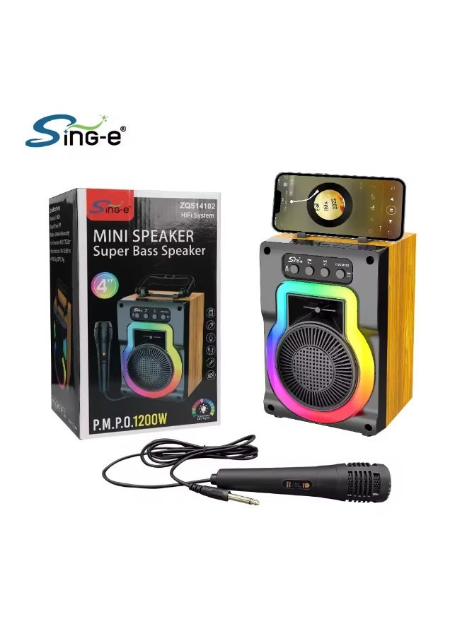 سينجي مكبر صوت كاريوكي لاسلكي بتقنية البلوتوث، مزود بميكروفون وإضاءة حفلات LED RGB، يدعم تشغيل الموسيقى عبر USB/TF/AUX وبطارية قابلة لإعادة الشحن؛ يتميز بصوت عالي القوة وجهير عميق، ويُعد خياراً مثالياً للاستخدام المنزلي، والفعاليات الخارجية، والحفلات، والتجمعات - طراز ZQS14102 - Image 1