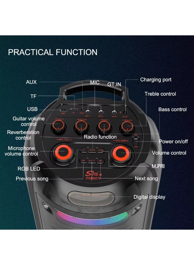 سينجي مكبر صوت كاريوكي لاسلكي بتقنية البلوتوث، مزود بميكروفون وإضاءة حفلات LED RGB، يدعم تشغيل الموسيقى عبر USB/TF/AUX وبطارية قابلة لإعادة الشحن؛ يتميز بصوت عالي القوة وجهير عميق، ويُعد خياراً مثالياً للاستخدام المنزلي، والفعاليات الخارجية، والحفلات، والتجمعات - طراز ZQS14102 - Image 5