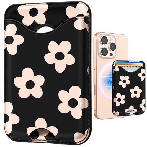 Shorogyt Compatible with Magsafe Wallet Magnetic Card Holder - Black Flower Phone Wallets for Women Teen Girls Cute for iPhone 17/16/15/14/13/12 Series Slim for Apple Mag RFID Magnet, Fit 3 Cards - Image 1
