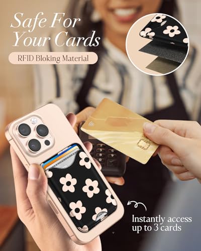 Shorogyt Compatible with Magsafe Wallet Magnetic Card Holder - Black Flower Phone Wallets for Women Teen Girls Cute for iPhone 17/16/15/14/13/12 Series Slim for Apple Mag RFID Magnet, Fit 3 Cards - Image 5