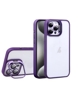 Luxury Invisible Folding Holder Holder Stand Phone Case For IPhone 15 Pro Case With Lens Film Ring Metal Bracket Soft Bumper Clear Hard Back Cover (Purple)