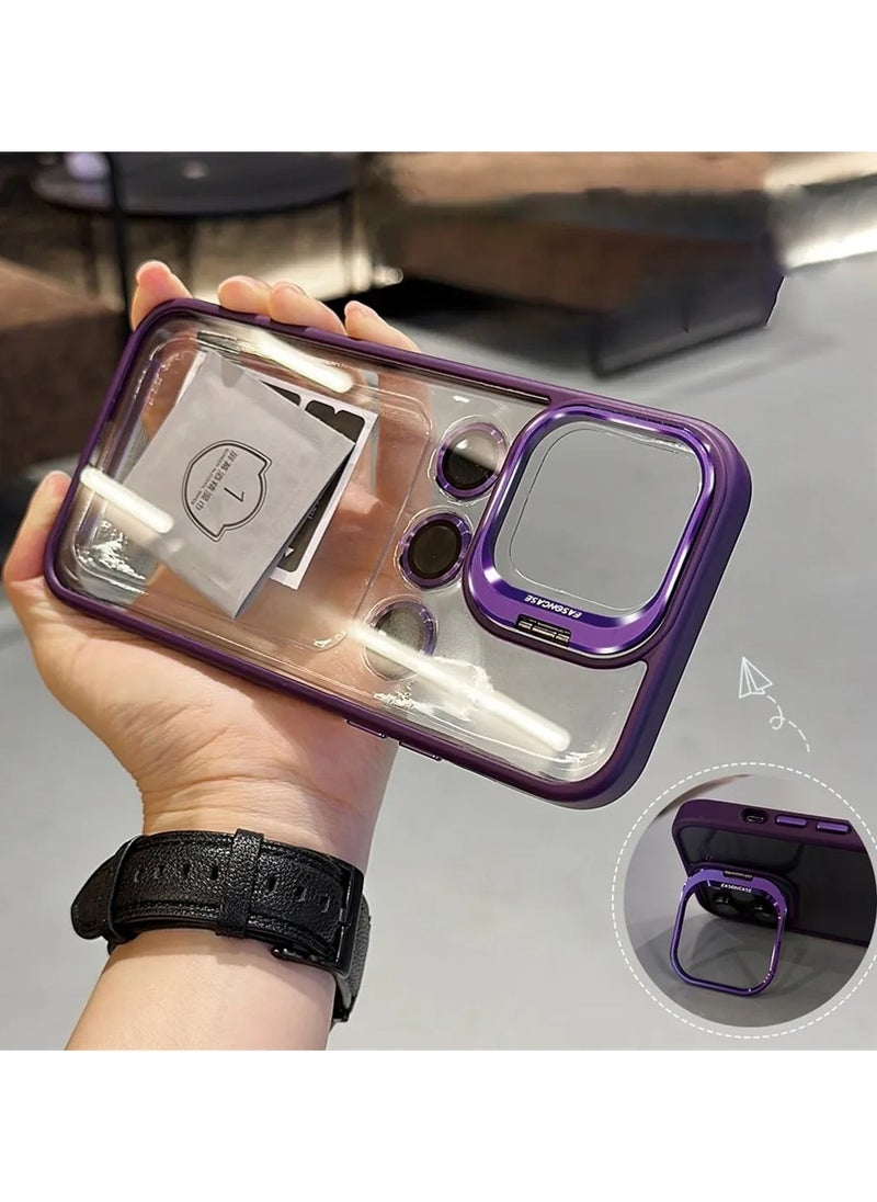 Generic - Luxury Invisible Folding Holder Holder Stand Phone Case For IPhone 15 Pro Case With Lens Film Ring Metal Bracket Soft Bumper Clear Hard Back Cover (Purple) - Image 1