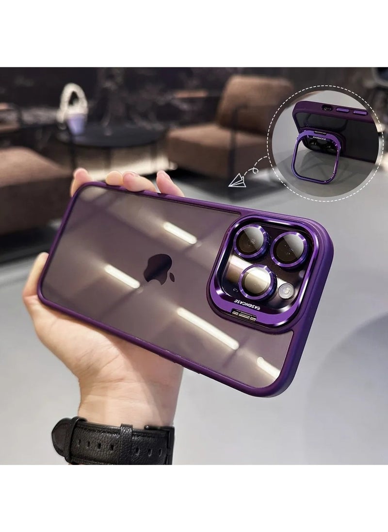 Generic - Luxury Invisible Folding Holder Holder Stand Phone Case For IPhone 15 Pro Case With Lens Film Ring Metal Bracket Soft Bumper Clear Hard Back Cover (Purple) - Image 1