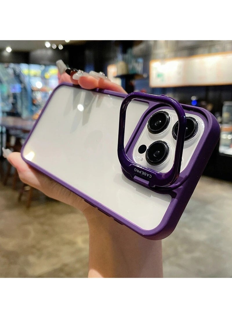 Generic - Luxury Invisible Folding Holder Holder Stand Phone Case For IPhone 15 Pro Case With Lens Film Ring Metal Bracket Soft Bumper Clear Hard Back Cover (Purple) - Image 1
