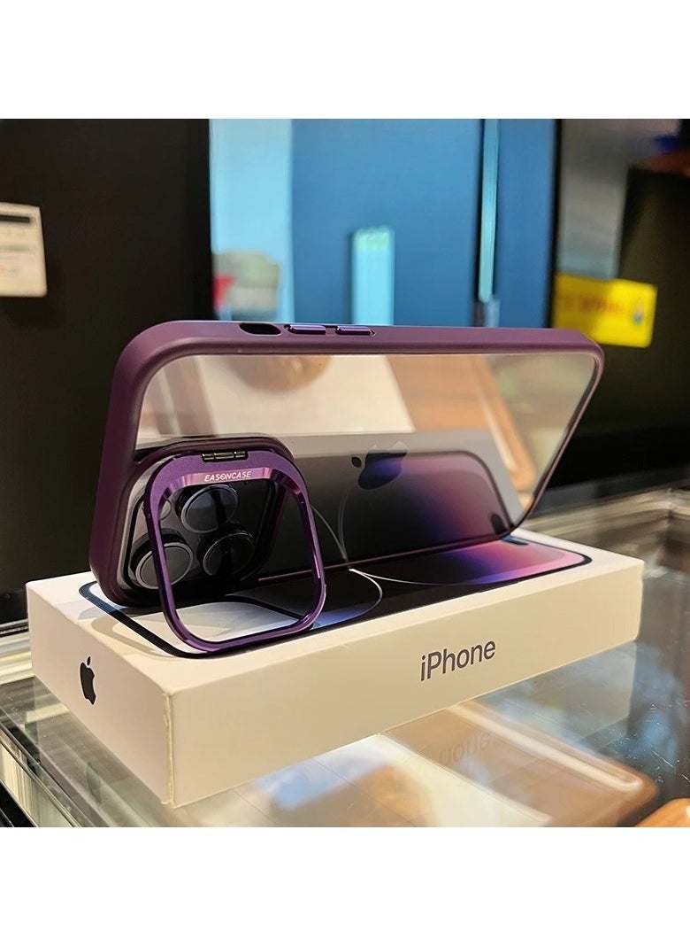 Generic - Luxury Invisible Folding Holder Holder Stand Phone Case For IPhone 15 Pro Case With Lens Film Ring Metal Bracket Soft Bumper Clear Hard Back Cover (Purple) - Image 1