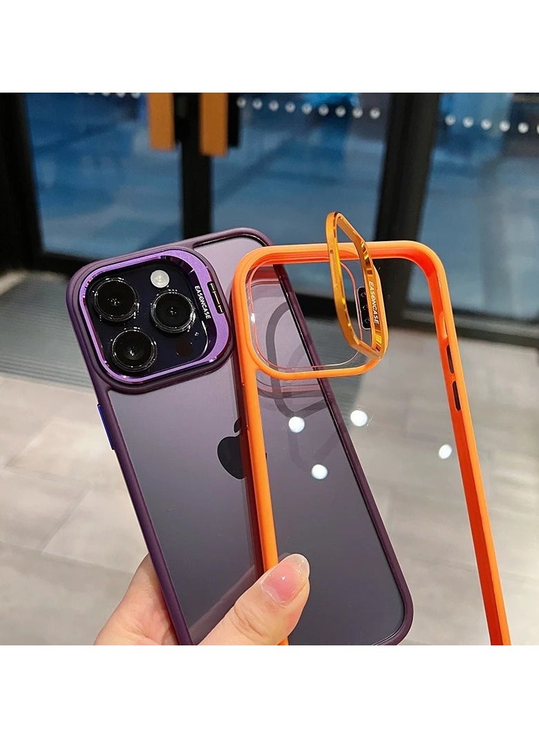 Generic - Luxury Invisible Folding Holder Holder Stand Phone Case For IPhone 15 Pro Case With Lens Film Ring Metal Bracket Soft Bumper Clear Hard Back Cover (Purple) - Image 1