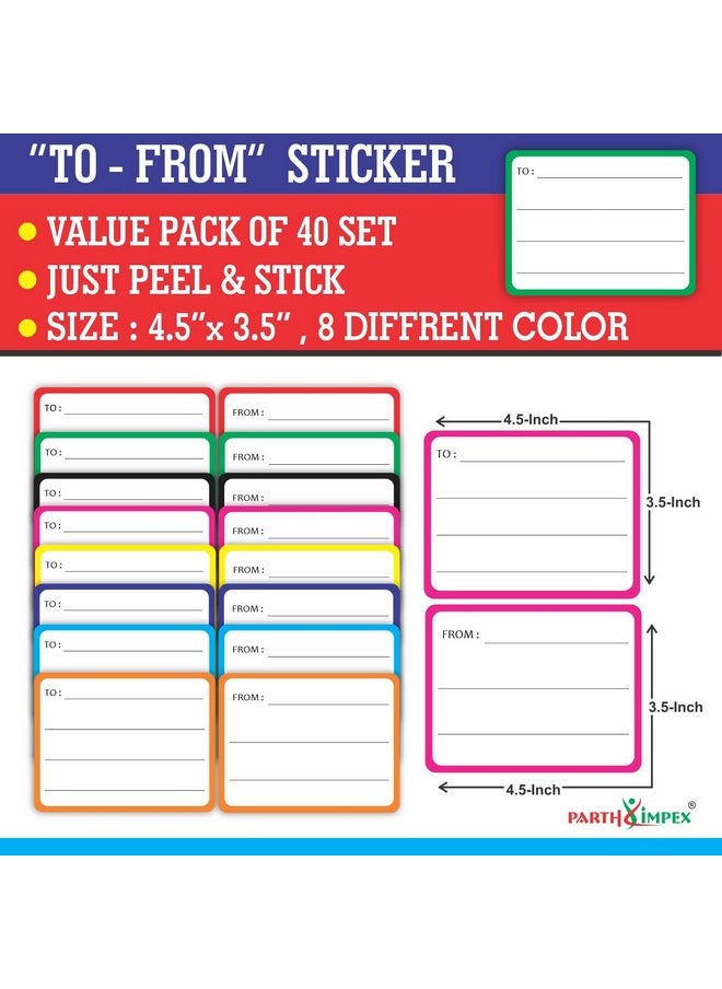 PARTH IMPEX To From Stickers For Gifts - (Set Of 40) 4.5" X 3.5" Large Any Occasion Address Mailing Blank Mail Labels For Birthday Christmas New Year Envelopes Shipping Boxes  - Image 2