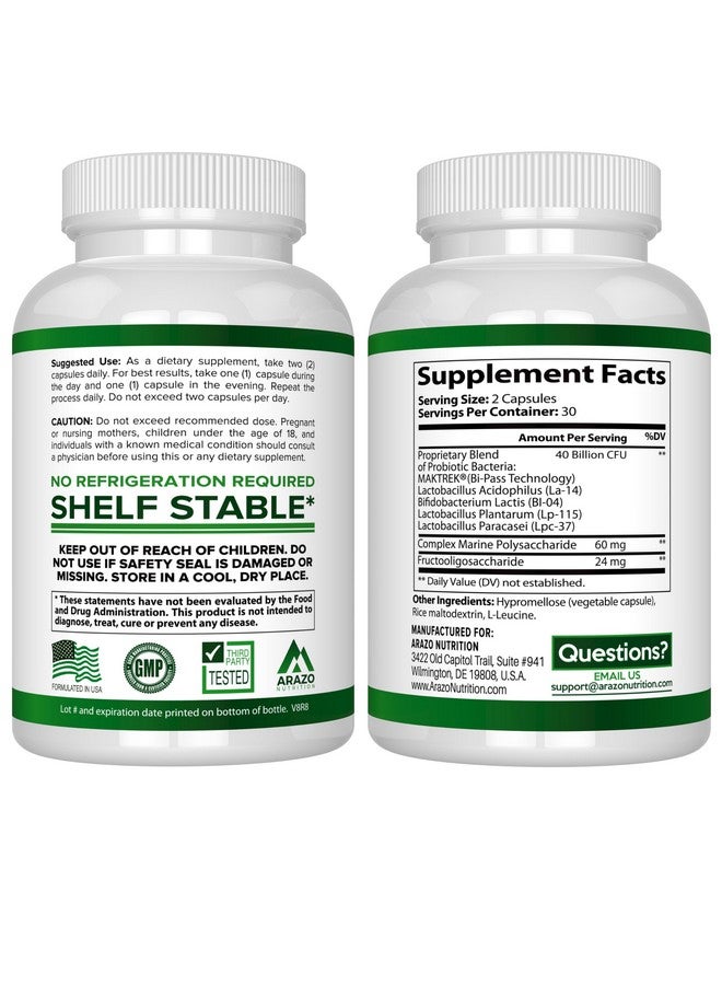 Arazo Nutrition Arazo Nutrition Probiotic 40 Billion CFU - Shelf Stable with Prebiotics and Acidophilus - Stable Potency Until Expiration - Time Delay Release Probiotics - Image 3