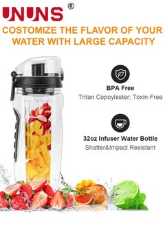 UNUNS 32oz Capacity Fruit Infuser Water Bottle With Sleeve,BPA-Free Fruit Infuser Water Bottle With Brush,Flip Top Lid Drinking Spout,Leak Proof  - Image 3