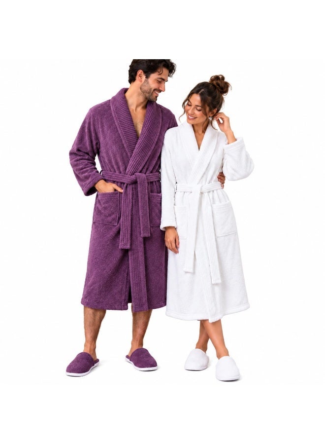 A luxurious 8-piece couple's bathrobe set, crafted from soft cotton in off-white and mauve tones. Suitable for couples, newlyweds, men, and women, the set includes two bathrobes, two pairs of slippers, two large towels, and two small towels—all color-coordinated with the robes for an elegant, cohesive look. - Image 2