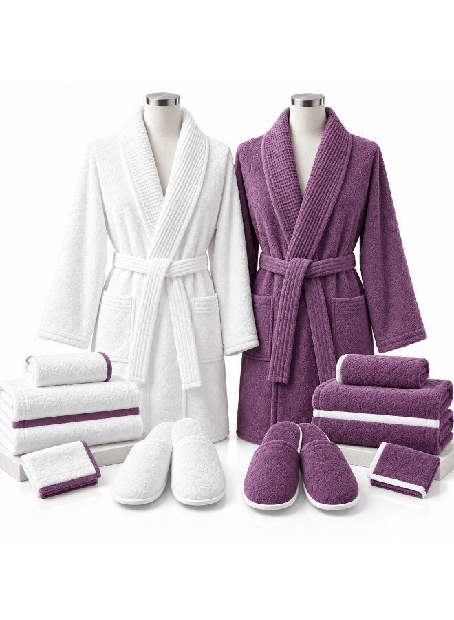 A luxurious 8-piece couple's bathrobe set, crafted from soft cotton in off-white and mauve tones. Suitable for couples, newlyweds, men, and women, the set includes two bathrobes, two pairs of slippers, two large towels, and two small towels—all color-coordinated with the robes for an elegant, cohesive look. - Image 1