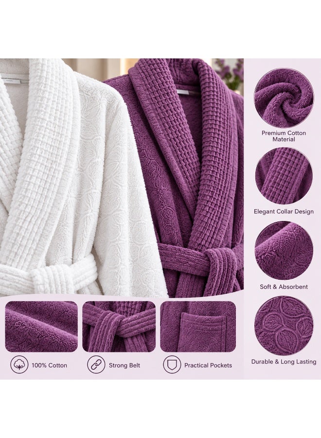 A luxurious 8-piece couple's bathrobe set, crafted from soft cotton in off-white and mauve tones. Suitable for couples, newlyweds, men, and women, the set includes two bathrobes, two pairs of slippers, two large towels, and two small towels—all color-coordinated with the robes for an elegant, cohesive look. - Image 3