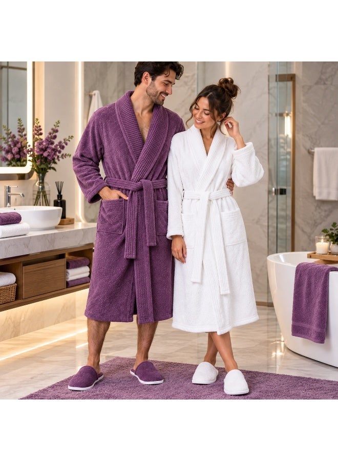 A luxurious 8-piece couple's bathrobe set, crafted from soft cotton in off-white and mauve tones. Suitable for couples, newlyweds, men, and women, the set includes two bathrobes, two pairs of slippers, two large towels, and two small towels—all color-coordinated with the robes for an elegant, cohesive look. - Image 5