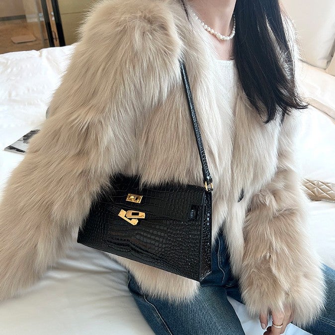 First-Layer Cowhide Crocodile Pattern Kelly Underarm Bag For Women, High-End Matte Genuine Leather Elan Single Shoulder Crossbody Baguette Bag - Image 2
