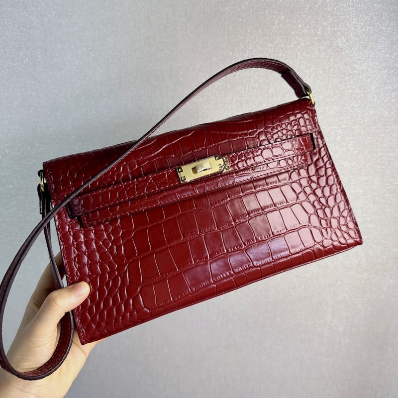 First-Layer Cowhide Crocodile Pattern Kelly Underarm Bag For Women, High-End Matte Genuine Leather Elan Single Shoulder Crossbody Baguette Bag - Image 1