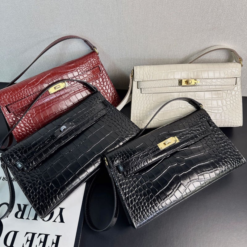 First-Layer Cowhide Crocodile Pattern Kelly Underarm Bag For Women, High-End Matte Genuine Leather Elan Single Shoulder Crossbody Baguette Bag - Image 5