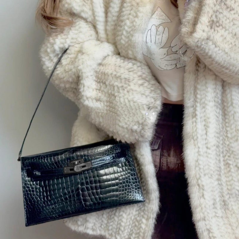 First-Layer Cowhide Crocodile Pattern Kelly Underarm Bag For Women, High-End Matte Genuine Leather Elan Single Shoulder Crossbody Baguette Bag - Image 4