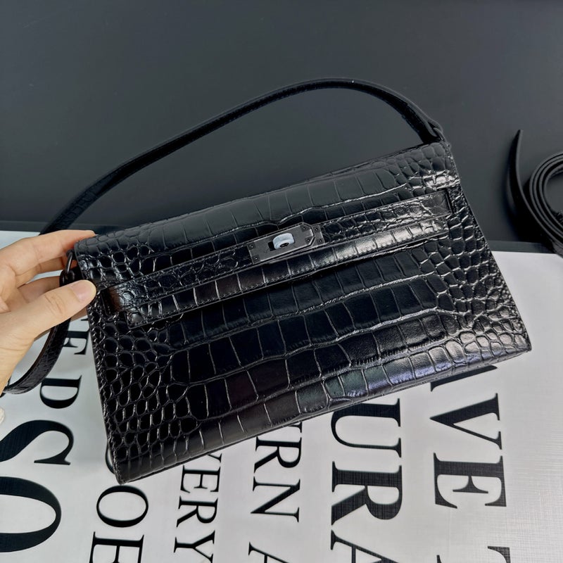 First-Layer Cowhide Crocodile Pattern Kelly Underarm Bag For Women, High-End Matte Genuine Leather Elan Single Shoulder Crossbody Baguette Bag - Image 3