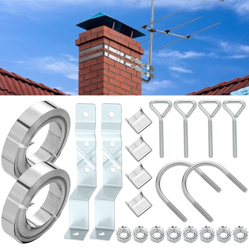 Blulu ZType Chimney Antenna Mounts Kits with 12 ft Adjustable Heavy Duty Galvanized Steel Straps Hardware Stainless Steel TV Antenna Mast Bracket for Chimney up to 12 Feet in Diameter - Image 1