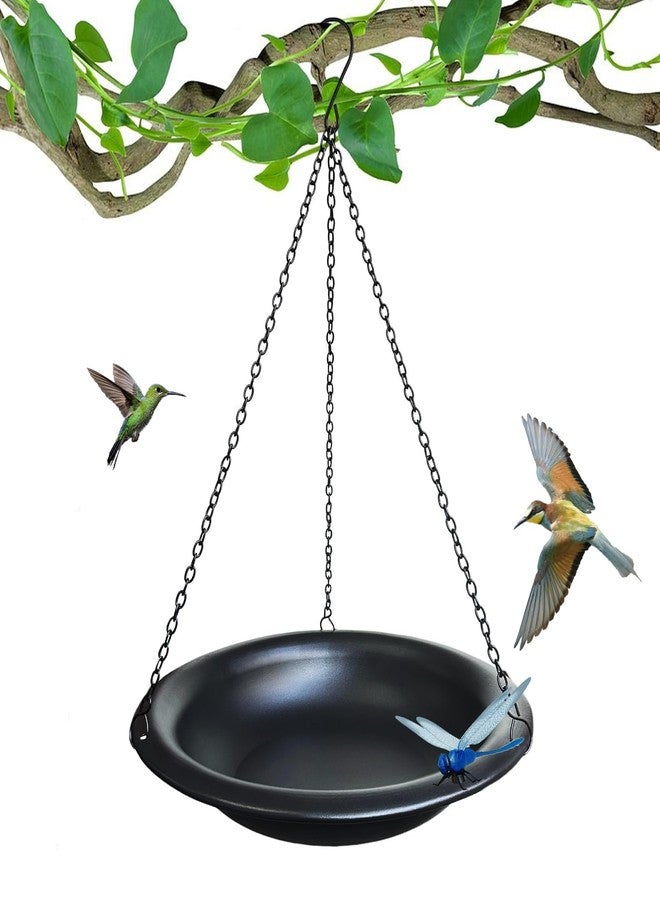 WANGIRO Hanging Bird Bath Outdoor 11.5" Metal Bowl with 15.5 in Rust-Proof Chains,Weather-Resistant Garden Birdbath with Magnetic Dragonfly for Backyard Decor,Matte Black - Image 1