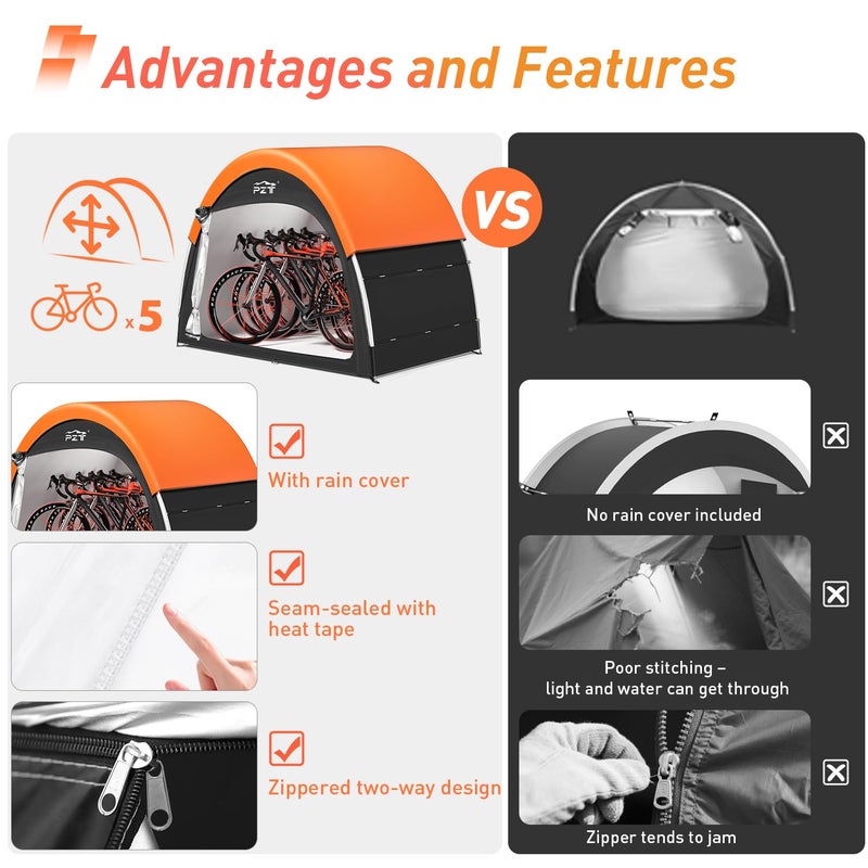 PZT Upgraded Bike Tent with Rain Cover, Portable Outdoor Storage Shed for 4-5 Bikes, 210D Oxford Fabric PU4000 Waterproof, Bike Shed/Bike Cover for Motorcycles, Garden Tools, Lawn Mower - Image 5