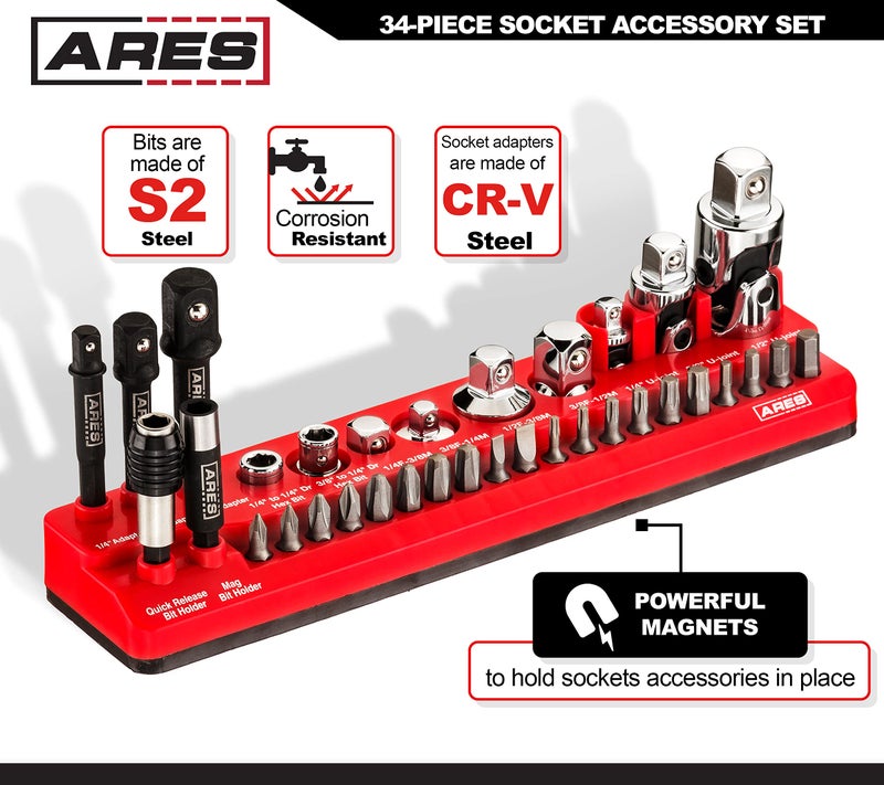 ARES 70751-34-Piece Tool Accessory Set - Includes Socket Adapters, Universal Joints, Bit Holders, and Bits - Magnetic Organizer for Ideal Accessory Storage - Image 2