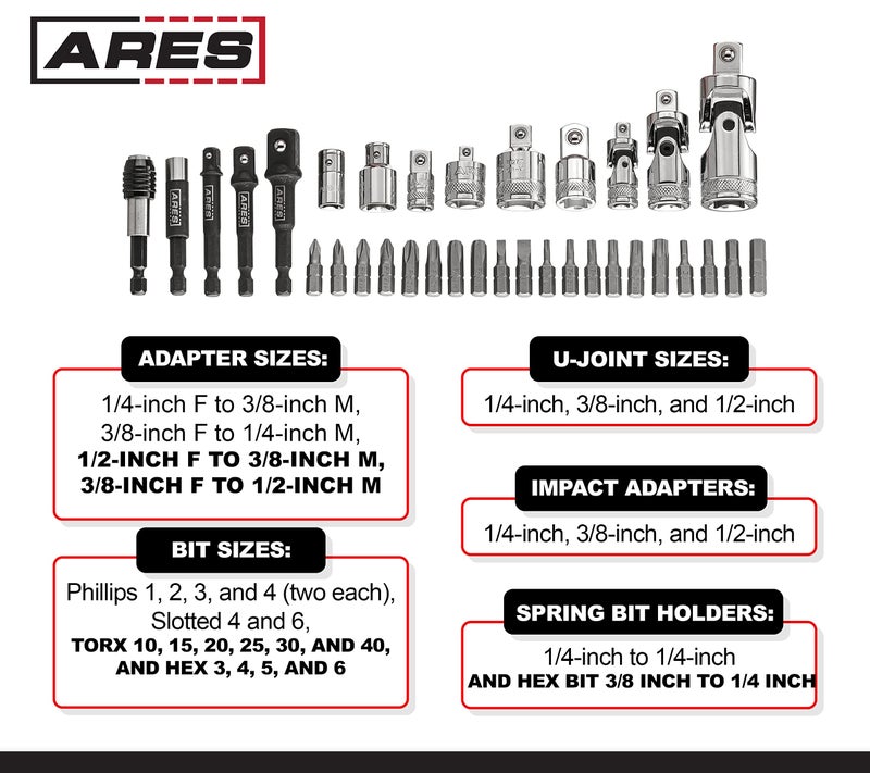 ARES 70751-34-Piece Tool Accessory Set - Includes Socket Adapters, Universal Joints, Bit Holders, and Bits - Magnetic Organizer for Ideal Accessory Storage - Image 3