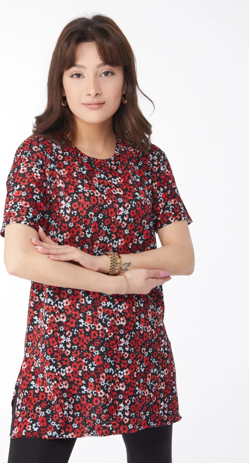 Tofisa Plain Crew Neck Women's Red Patterned T-Shirt - 24739