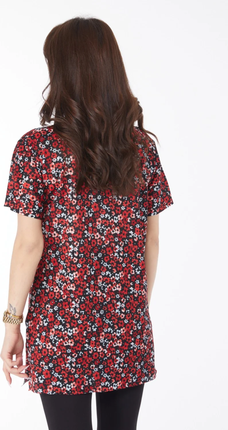 Tofisa Plain Crew Neck Women's Red Patterned T-Shirt - 24739