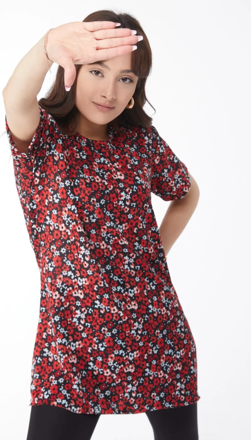 Tofisa Plain Crew Neck Women's Red Patterned T-Shirt - 24739