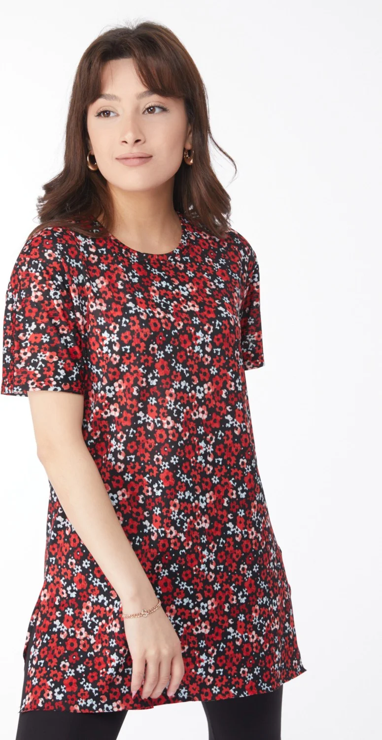 Tofisa Plain Crew Neck Women's Red Patterned T-Shirt - 24739