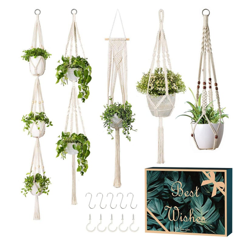 GROWNEER GROWNEER 5 Packs Macrame Plant Hangers with 5 Hooks Different Tiers Handmade Cotton Rope Hanging Planters Set Flower Pots Holder Stand for Indoor Outdoor Boho Home Decor 