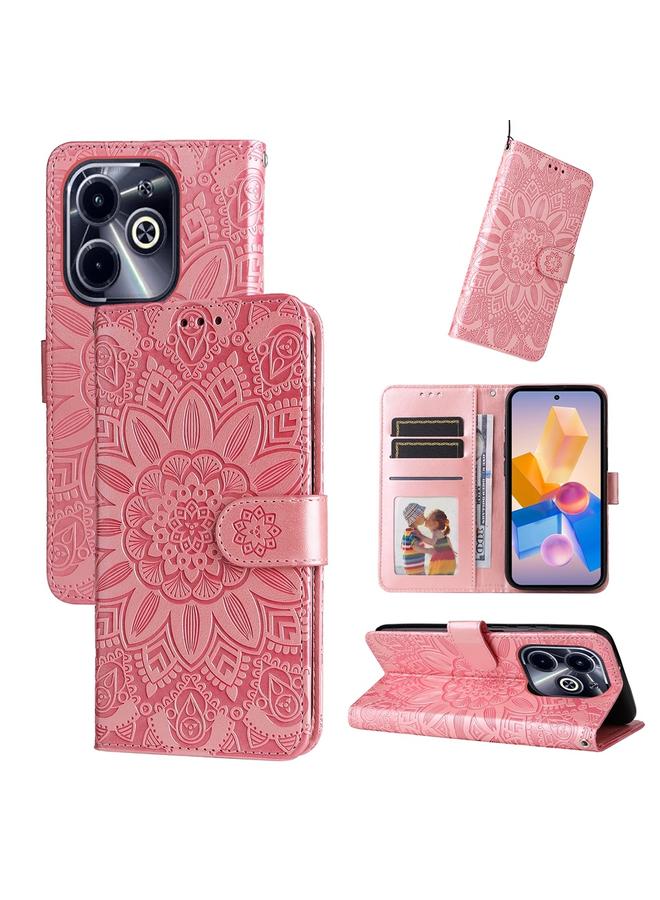 جراب هاتف من الجلد المنقوش بزهرة عباد الشمس لهاتف Infinix Hot 40i (وردي)