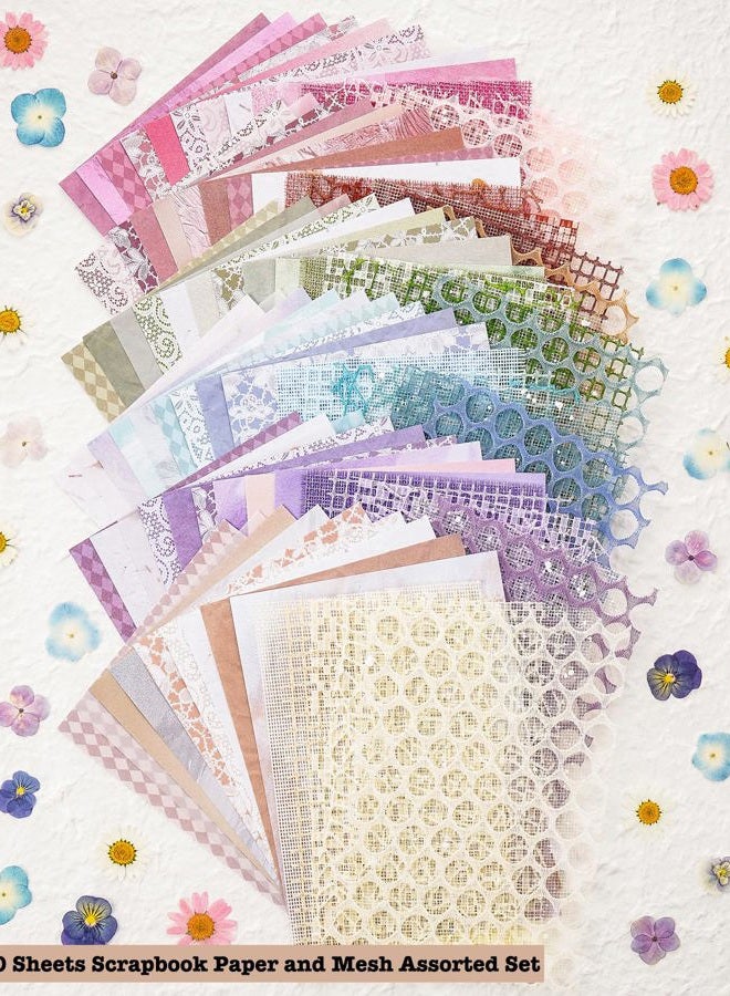 ARTSMONA 90 Sheets Scrapbook Paper and Decorative Mesh Fabric Assorted Set - 6 Pack Mixed Special Paper for Scrapbooking Planner Bullet Junk Journal Supplies Mixed Media Collage Card Embellishment 5.1x7 Inch - Image 3