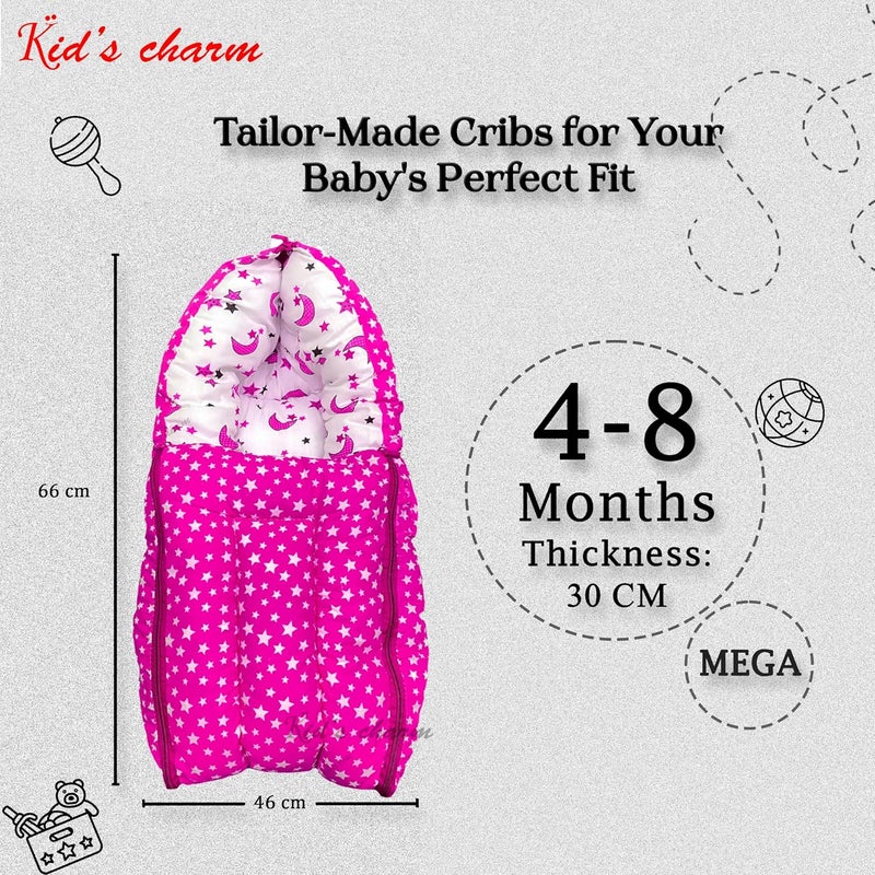 Kid's Charm Kids Charm StarMoon Mega 3 in 1 Babys Cotton Bed Cum Carry Bed Printed Baby Sleeping BagBaby BedInfant Portable for Unisex Easily Portable Light Weight Carry for New Born 48 Months Old Pink - Image 3